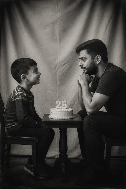 Refrence the sent images create a minimalist studio, soft diffused lighting, neutral fabric background with folds. Two versions of the same person: on the left, a child sits on a chair in profile facing right, joyful, li…