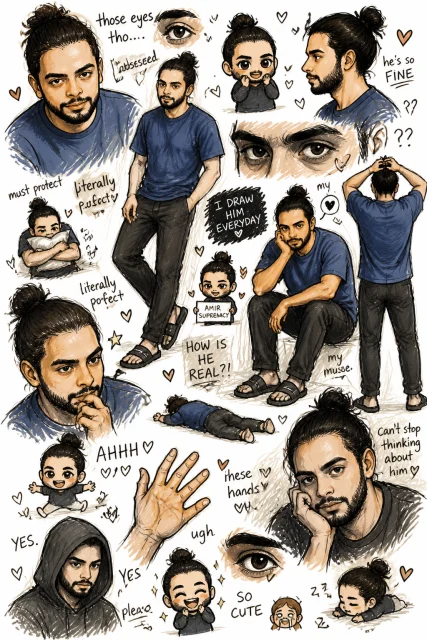 Draw me as if an obsessed fan artist filled an entire sketchbook page - messy, overlapping, full-body poses, tiny chibi doodles, exaggerated expressions, and random close-ups of their hands or eyes. White background. No…