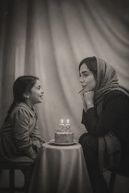 Refrence the sent images create a minimalist studio, soft diffused lighting, neutral fabric background with folds. Two versions of the same person: on the left, a child sits on a chair in profile facing right, joyful, li…