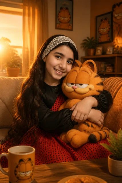 Use the uploaded image as the ONLY identity reference. Preserve exact facial features, skin tone, age, hairstyle, and proportions. Do not alter or beautify the face. Create a cozy golden-hour portrait in a Garfield-theme…
